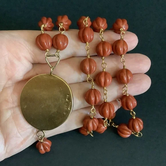 Vintage gold over sterling genuine carved jasper pendant necklace.